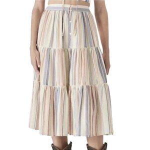 Lucky Brand Button-Front Striped Peasant Tiered Ruffle Maxi Skirt Size L - NWOT